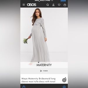ASOS Maya Maternity bridesmaid long sleeve maxi tulle dress with tonal in silver